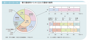 誰が介護しているか。全体の4分の1が配偶者。その内、女性の割合は69.4％。子の配偶者も含めると介護者が女性の割合はもっと増える