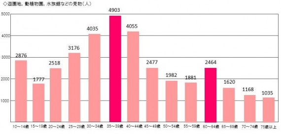 遊園地などへ行く年齢層は、30代後半がピーク（親世代）。60代前半にもう一つのピークを迎える（祖父母世代）　出典：平成23年社会生活基本調査（総務省）より独自作成